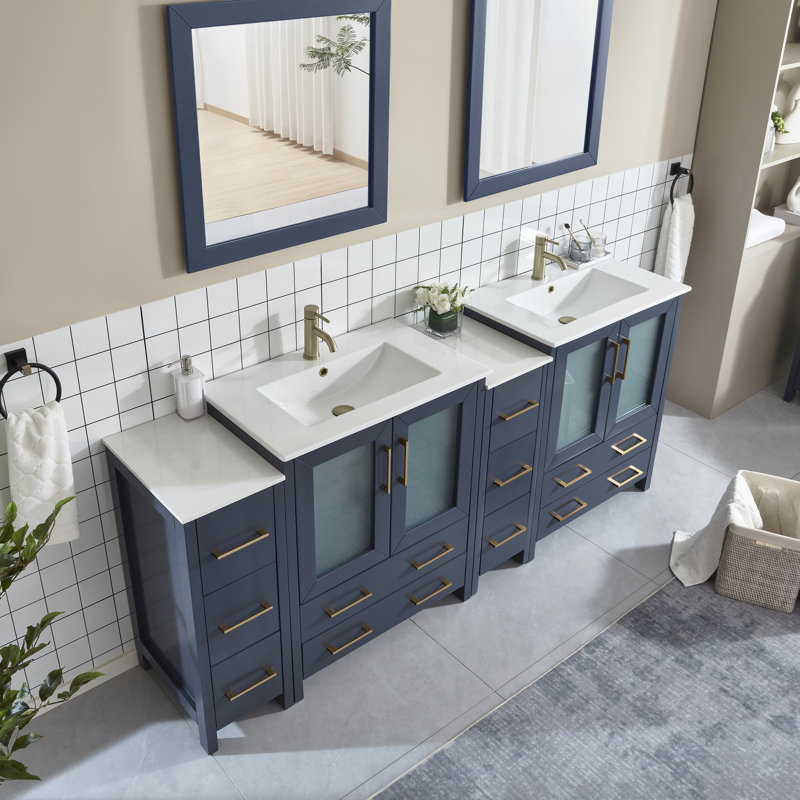 Wade Logan® Karson 84'' Double Bathroom Vanity with Ceramic Top with Mirror & Reviews Wayfair